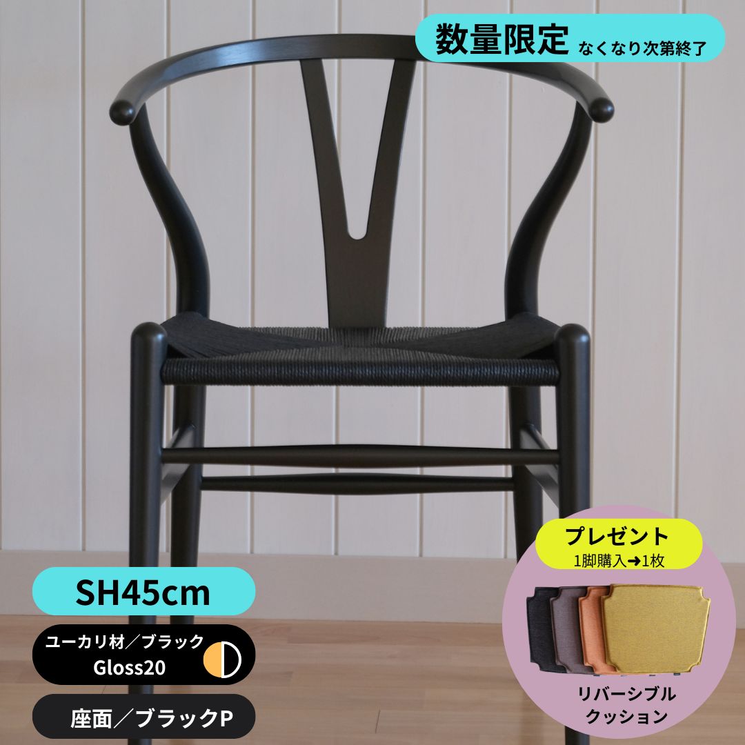 Yチェア（45㎝）ユーカリ材ブラック塗装／ブラックぺーパーコード【1/22完売しました】
